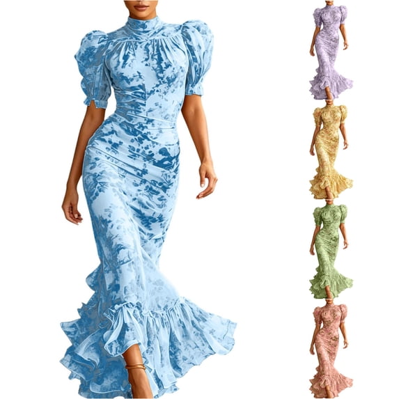 Wxolcjlv Women's Maxi Dress Puff Sleeve High Neck Ruffle Hem Night Party Sundress