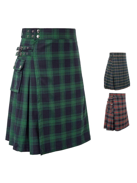 Women's Plaid Pleated Kilt Skirt Side Button Decor Midi Skirt