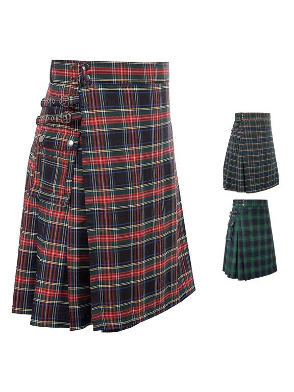 Women's Plaid Pleated Kilt Skirt Side Button Decor Midi Skirt