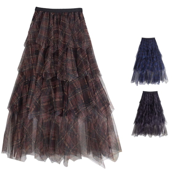 Wxolcjlv Women's Plaid Tiered Tulle Maxi Skirt Elastic Waist Asymmetrical Hem Skirt