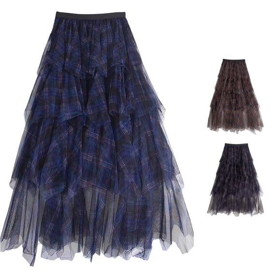 Wxolcjlv Women's Plaid Tiered Tulle Maxi Skirt Elastic Waist Asymmetrical Hem Skirt