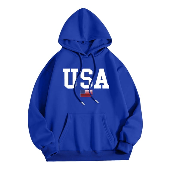Wxolcjlv Women's Pullover Hoodies USA Flag Letter Graphic Print Drawstring Pullover Sweatshirts With Pocket