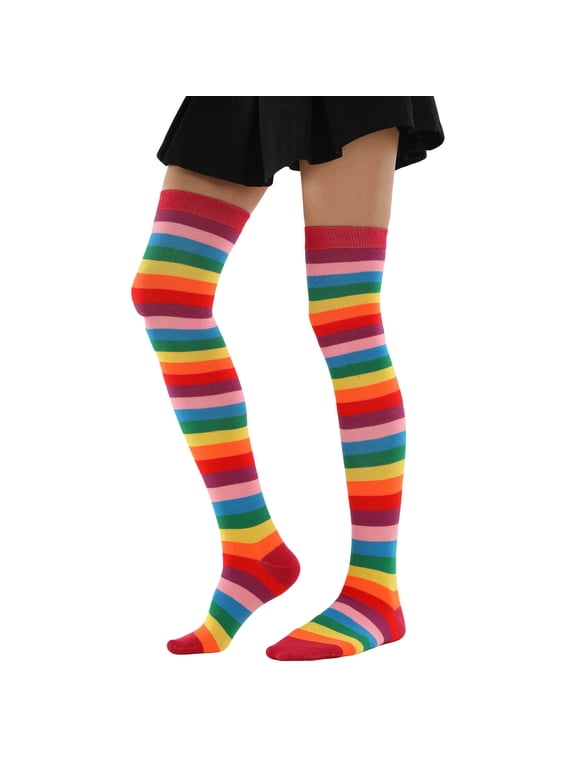 Wxolcjlv Women's Rainbow Striped Thigh High Socks Novelty Fun Casual Holiday Party Wear Socks