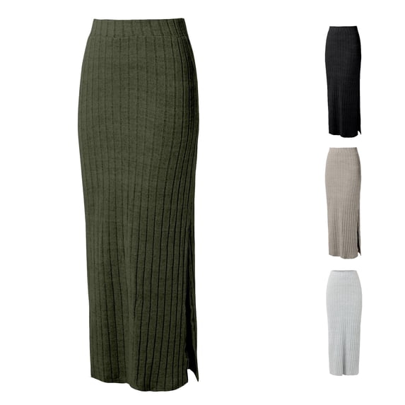 Wxolcjlv Women's Ribbed Knit Midi Skirt High Waist Side Slit Bodycon Midi Skirts