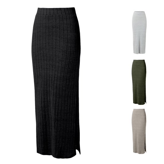 Wxolcjlv Women's Ribbed Knit Midi Skirt High Waist Side Slit Bodycon Midi Skirts