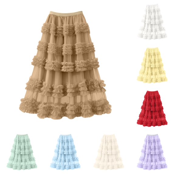 Wxolcjlv Women's Ruffled Tiered Maxi Skirts Elastic Waist Mesh Boho Party Skirts
