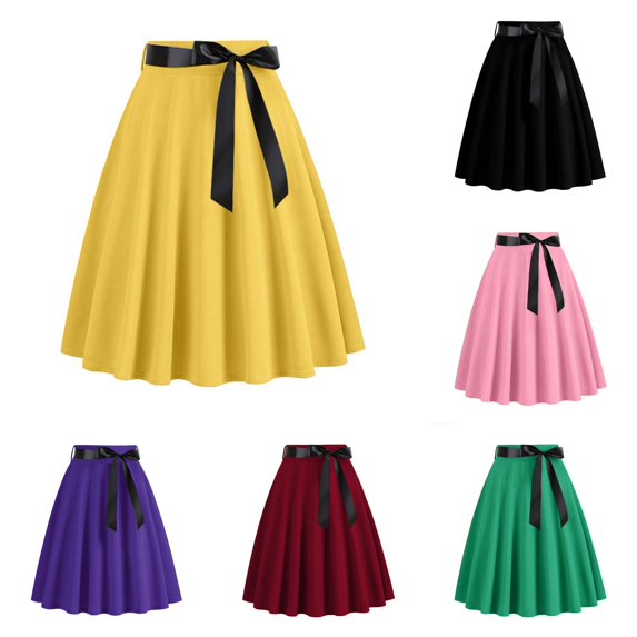 Wxolcjlv Women's Satin Bow Midi Skirt High Waist Swing Cut Party Daily Skirts