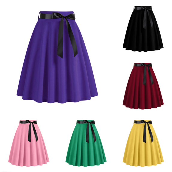 Wxolcjlv Women's Satin Bow Midi Skirt High Waist Swing Cut Party Daily Skirts