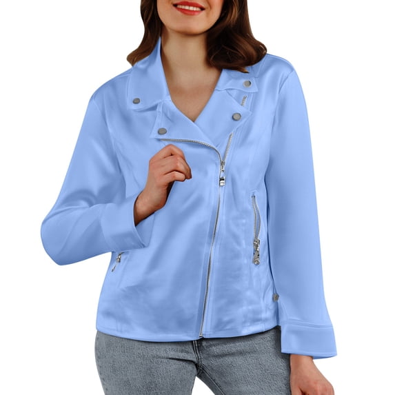 Wxolcjlv Women's Satin Moto Jacket Lapel Asymmetric Zip Long Sleeve Biker Jacket With Zipper Pockets