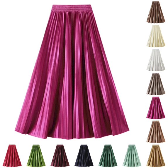 Wxolcjlv Women's Satin Pleated Midi Skirt Elastic Waist Full Flared Cut formal Skirts