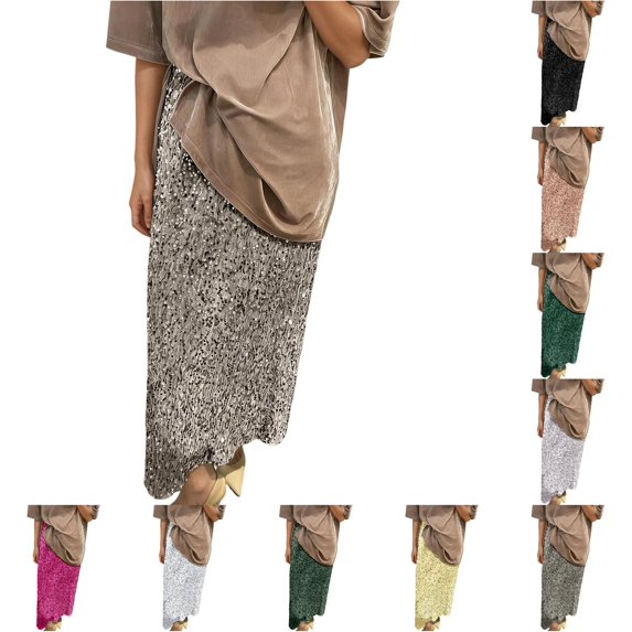 Wxolcjlv Women's Sequin Midi Skirt Straight Cut Glitter Sparkle Party Skirts
