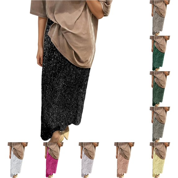 Wxolcjlv Women's Sequin Midi Skirt Straight Cut Glitter Sparkle Party Skirts