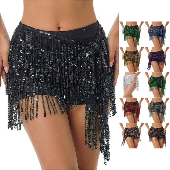 Wxolcjlv Women's Sequin Tassel Wrap Skort Built‑In Short Lining for Stage Performance Dance Events Skorts