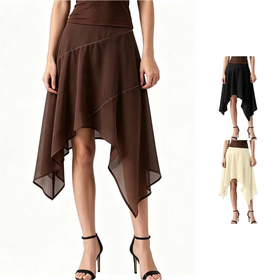 Wxolcjlv Women's Solid Asymmetrical Handkerchief Hem Midi Skirt Elastic Waist Flowy Midi Skirts