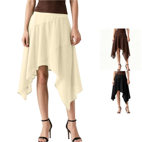 Wxolcjlv Women's Solid Asymmetrical Handkerchief Hem Midi Skirt Elastic Waist Flowy Midi Skirts