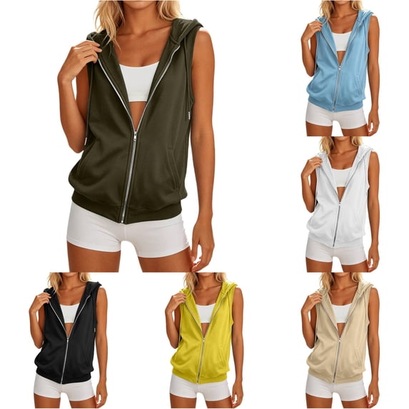 Wxolcjlv Women's Solid Hooded Vests Zip Up Sleeveless Outerwear Side Pockets