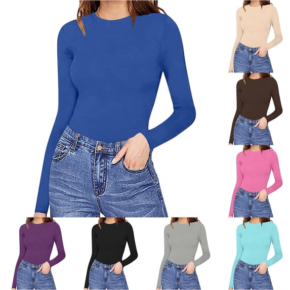Wxolcjlv Women's Solid Long Sleeve Top Crew Neck Slim Fit Shirt Daily Casual Inner Blouse