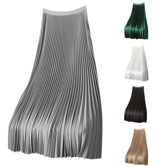 Wxolcjlv Women's Solid Pleated Midi Skirt High Waist Press Crease Smooth Office Daily Skirts