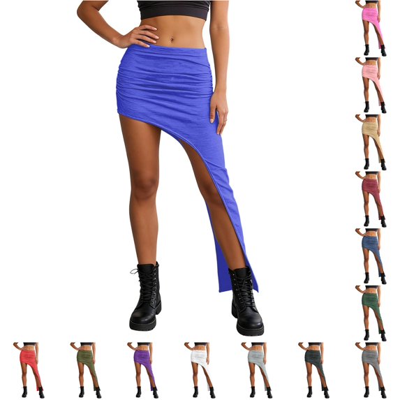 Wxolcjlv Women's Solid Ruched Asymmetrical Maxi Skirt High Waist Bodycon Chic Going‑Out Skirts
