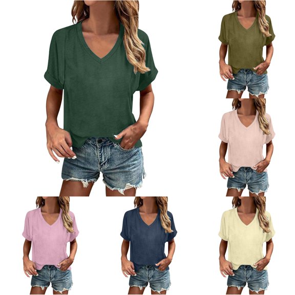 Wxolcjlv Women's Solid V Neck Roll T Shirt Short Sleeve Loose Fit Minimal Daily Pullover Tee