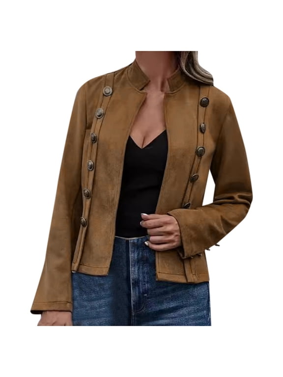 Women's Stand Collar Military Jacket Double Long Sleeve Blazer Coat