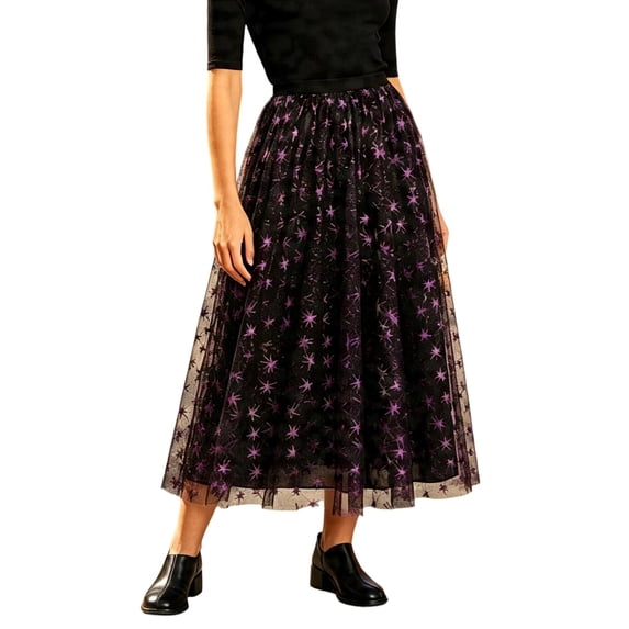 Wxolcjlv Women's Star Print Tulle Midi Skirt Elastic Waist Evening Party Skirts