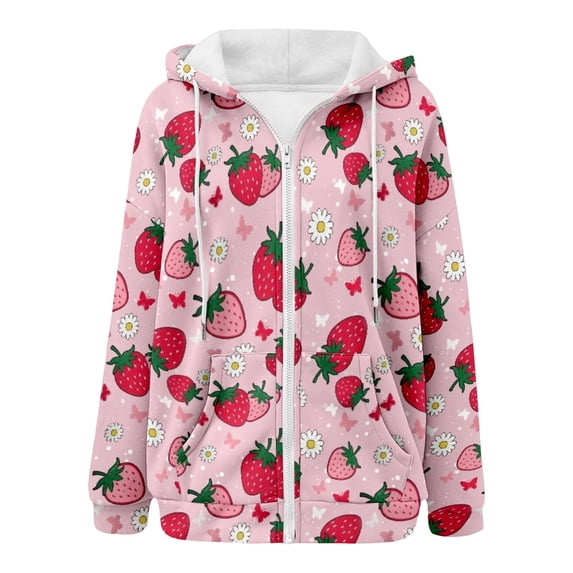 Wxolcjlv Women's Strawberry Floral All Over Print Full Zip Hoodie Cute Everyday Outerwear