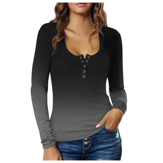 Wxolcjlv Women's T Shirt Button Print V Neck Long Sleeve Tee Tops Casual Daily Holiday Tshirt