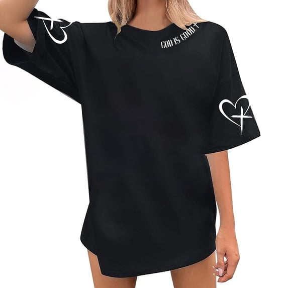 Wxolcjlv Women's T-Shirt God Is Good Print Loose Drop Shoulder Crew Neck Short Sleeve Tops,Sizes S-XXXXXL