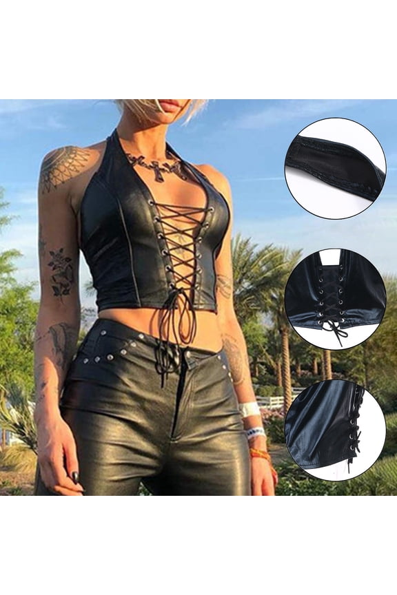 Women's T Shirt Patent Leather Tops Short Sleeve Strappy Sexy Lingerie-Style Casual Tops,Black,S