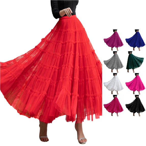 Wxolcjlv Women's Tiered Ruffled Maxi Skirt Elastic Waist Flowy Layered Cut Skirts