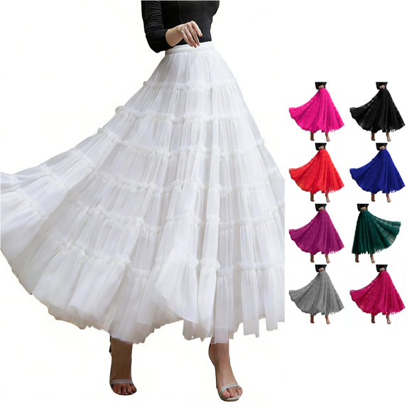 Wxolcjlv Women's Tiered Ruffled Maxi Skirt Elastic Waist Flowy Layered Cut Skirts