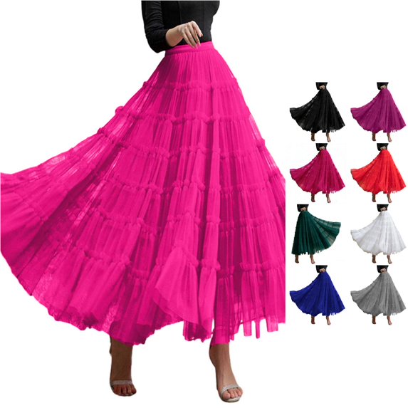 Wxolcjlv Women's Tiered Ruffled Maxi Skirt Elastic Waist Flowy Layered Cut Skirts