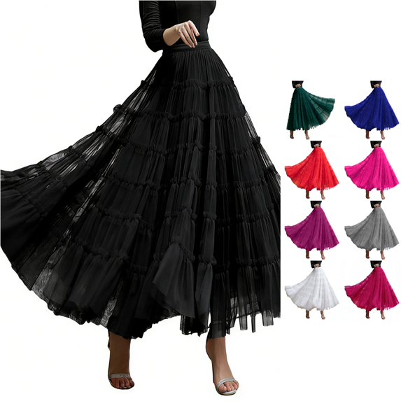 Wxolcjlv Women's Tiered Ruffled Maxi Skirt Elastic Waist Flowy Layered Cut Skirts
