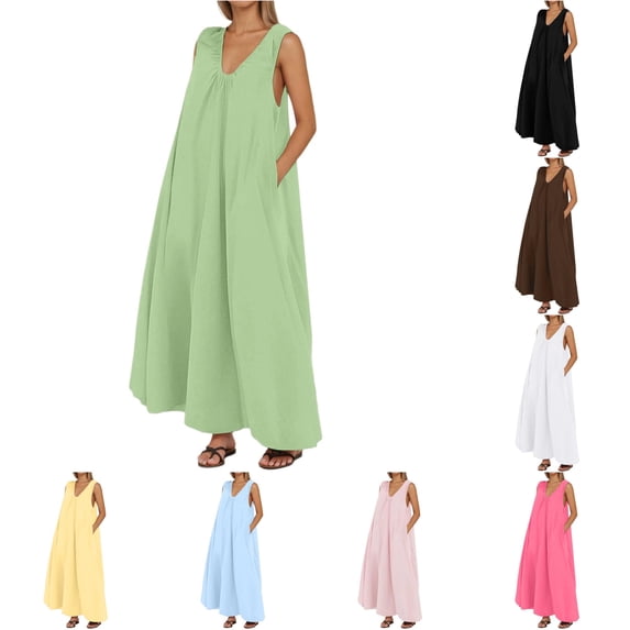 Wxolcjlv Women's V Neck Maxi Dress Sleeveless Pleated Loose Vacation Dress With Pockets