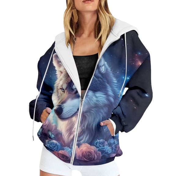 Wxolcjlv Women's Wolf Rose Galaxy All Over Pattern Full Zip Hoodie With Pockets Streetwear Pullover Top