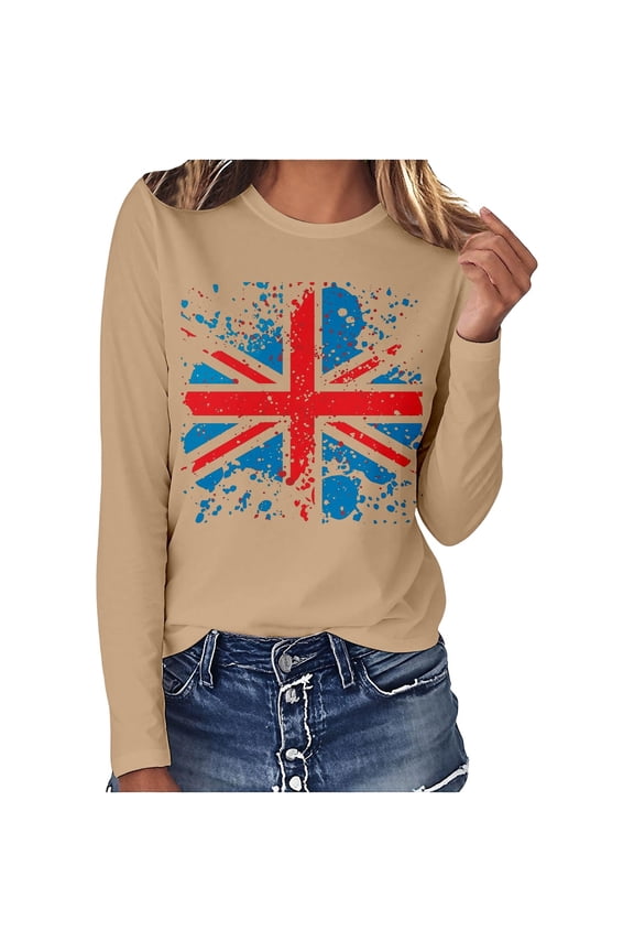 Womens 250th Anniversary USA T-Shirt O Neck Long Sleeve Independence Day Tee Splatter Union Jack Print Patriotic T Shirt