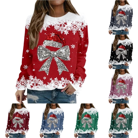 Wxolcjlv Womens Bow Santa Hat Graphic Sweatshirts Long Sleeve Crew Neck Ribbed Knit Tops