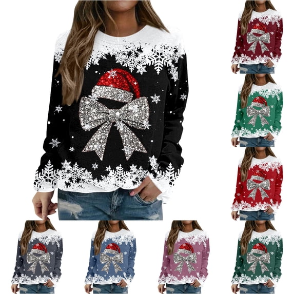 Wxolcjlv Womens Bow Santa Hat Graphic Sweatshirts Long Sleeve Crew Neck Ribbed Knit Tops