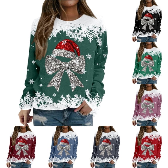 Wxolcjlv Womens Bow Santa Hat Graphic Sweatshirts Long Sleeve Crew Neck Ribbed Knit Tops