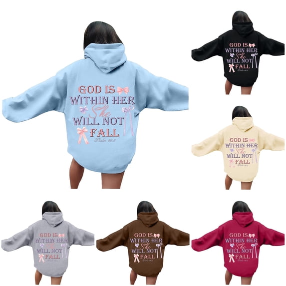 Wxolcjlv Womens Bow Text Print Hoodie Back Print Cut Streetwear Hooded Sweatshirts