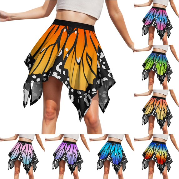 Wxolcjlv Womens Butterfly Print Mini Skirt Elastic Waist Irregular Hem Dance Skirts