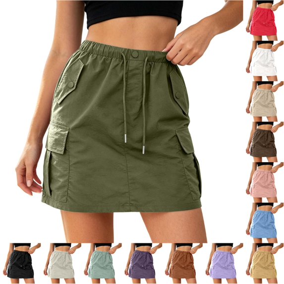 Wxolcjlv Womens Cargo Mini Skirt Multi‑Pocket Design Drawstring Waist Elastic Waistband Skirts