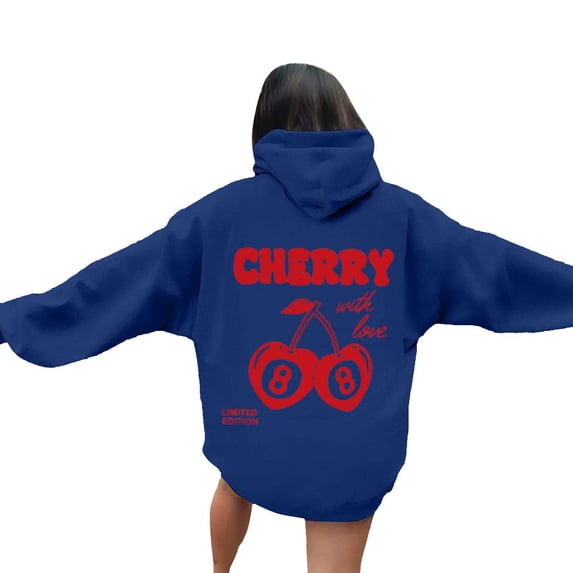 Wxolcjlv Womens Cherry Print Pullover Hoodies Oversized Drawstring Hooded Sweatshirts Fall Cute Tops