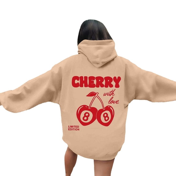 Wxolcjlv Womens Cherry Print Pullover Hoodies Oversized Drawstring Hooded Sweatshirts Fall Cute Tops