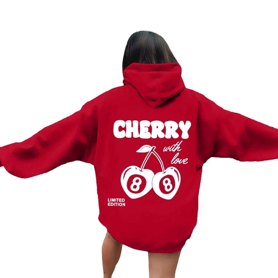 Wxolcjlv Womens Cherry Print Pullover Hoodies Oversized Drawstring Hooded Sweatshirts Fall Cute Tops
