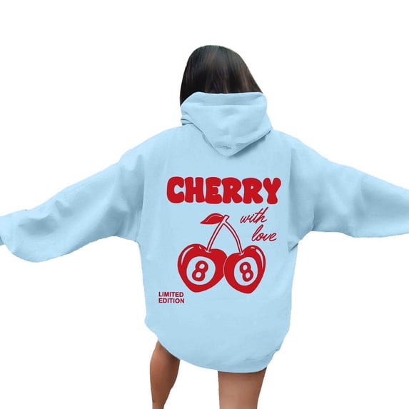 Wxolcjlv Womens Cherry Print Pullover Hoodies Oversized Drawstring Hooded Sweatshirts Fall Cute Tops