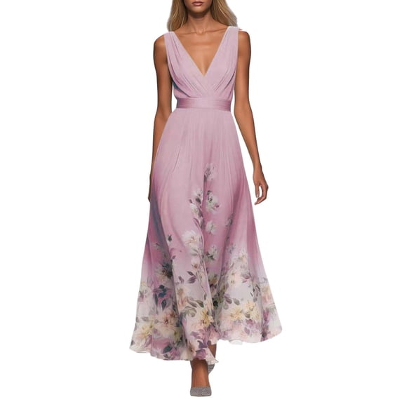 Wxolcjlv Womens Chiffon Dress Floral Print Sleeveless Deep V-Neck Flowy A-Line Casual Maxi Dresses