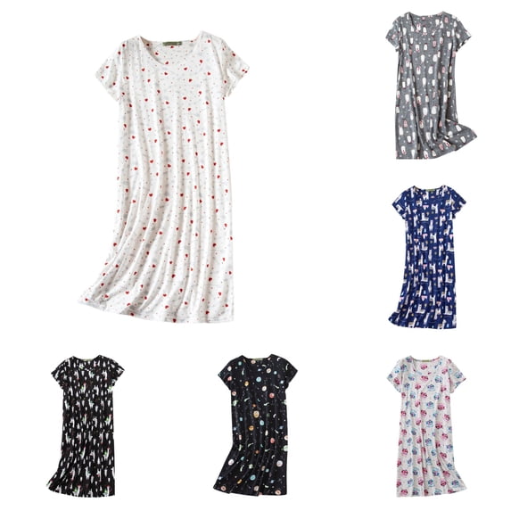 Wxolcjlv Womens Christmas Animal Print Nightgown Short Sleeve Loose Midi Sleep Dress Indoor Wear