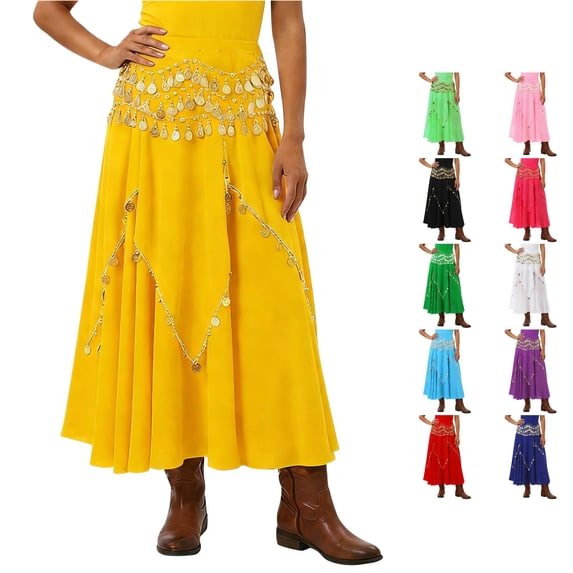 Wxolcjlv Womens Coin Embellished Maxi Skirt Wide Swing Cut for Belly Dance Stage Performance Events Skirts